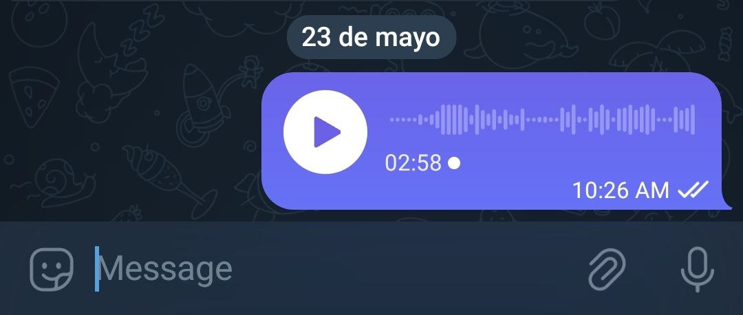 Mensaje de voz de 2 minutos con 58 segundos enviado el 23 de mayo a las 10:26 AM en una app de mensajería